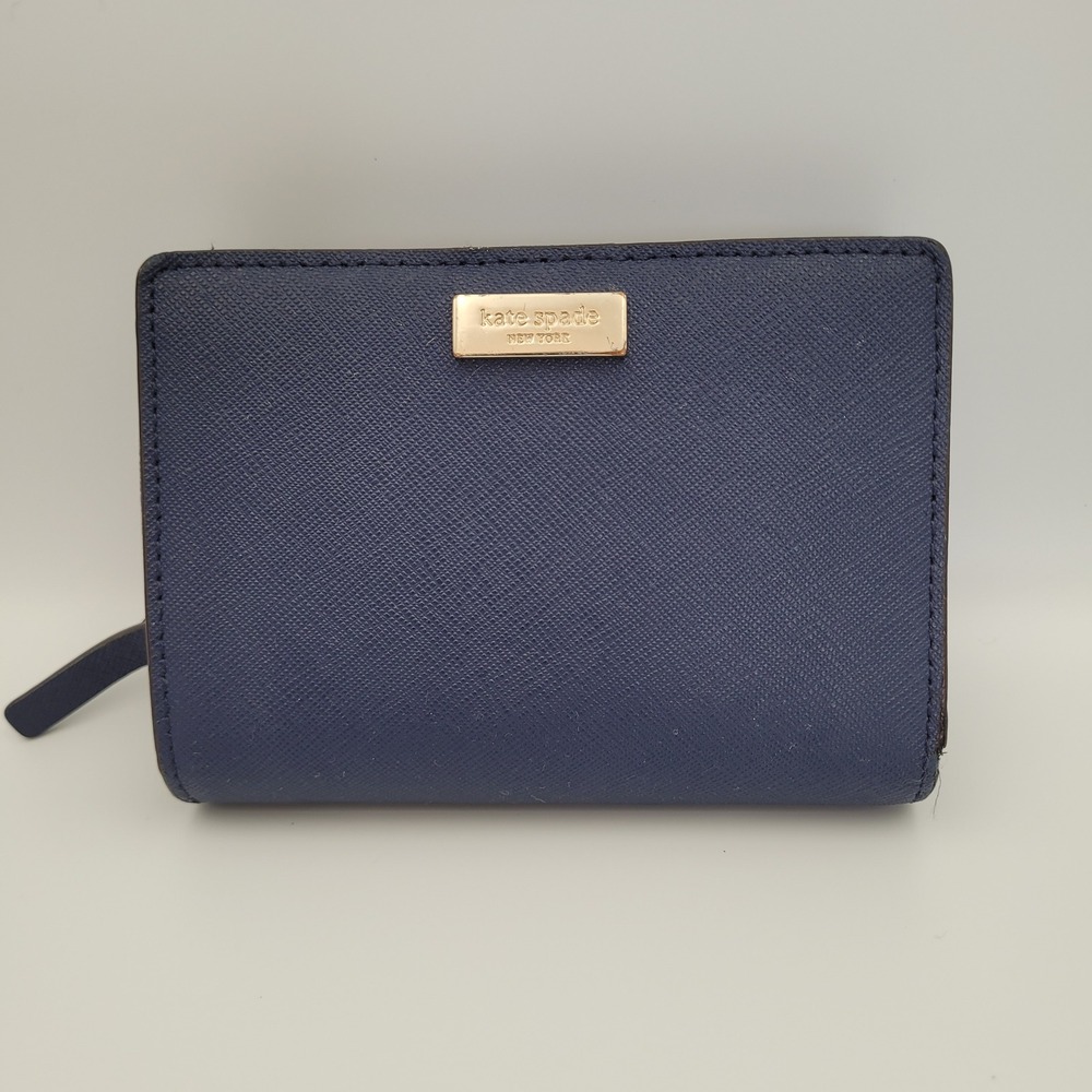 Kate Spade New York Navy Blue Saffiano Leather Medium Bifold Wallet Gold Logo
